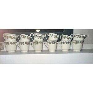 Baum Brothers “Holly” 12 Porcelain Christmas Teacups 6oz & 8 Saucers China
